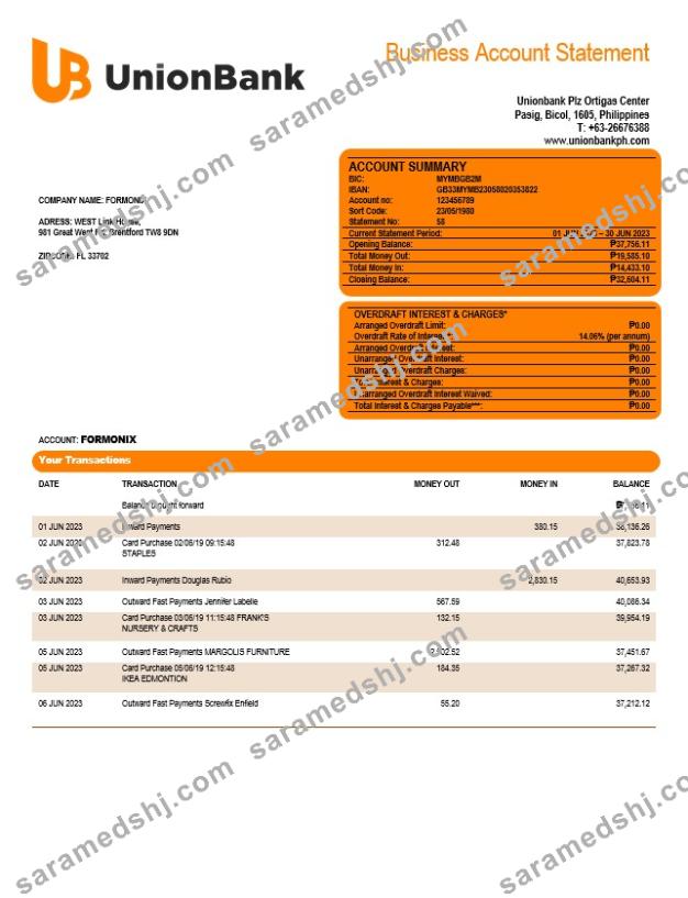 Union Bank of the Philippines business statement Word and PDF template